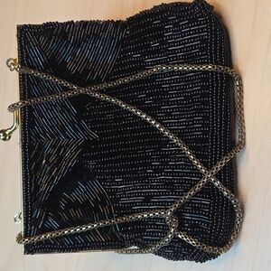 Magid Evening Bag Women's Black Beaded Purse Golden Shoulder Strap Kiss Lock